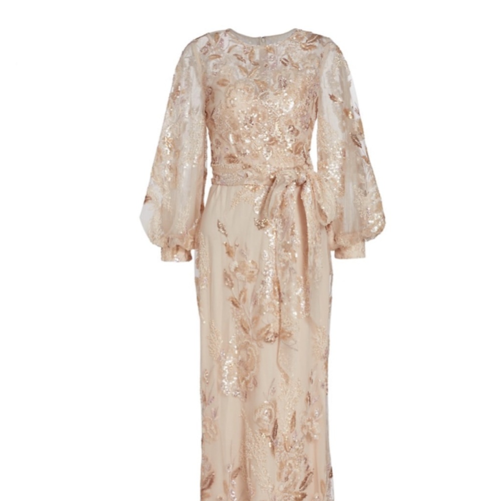 Badgley Mischka champagne embroidered column gown